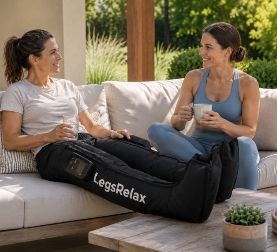 Dos mujeres usando LegsRelax en jardín