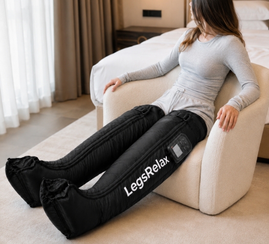 Mujer usando LegsRelax en sillón